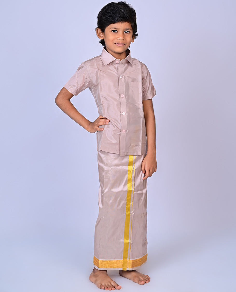 Sanston art-silk boys dhoti set features a solid half-sleeve shirt & zari border velcro dhoti 