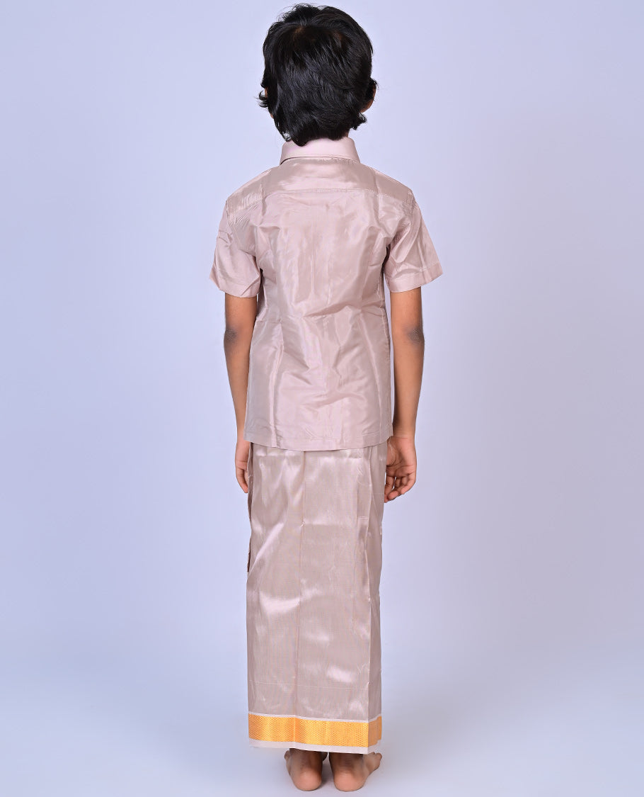 Sanston art-silk boys dhoti set features a solid half-sleeve shirt & zari border velcro dhoti 