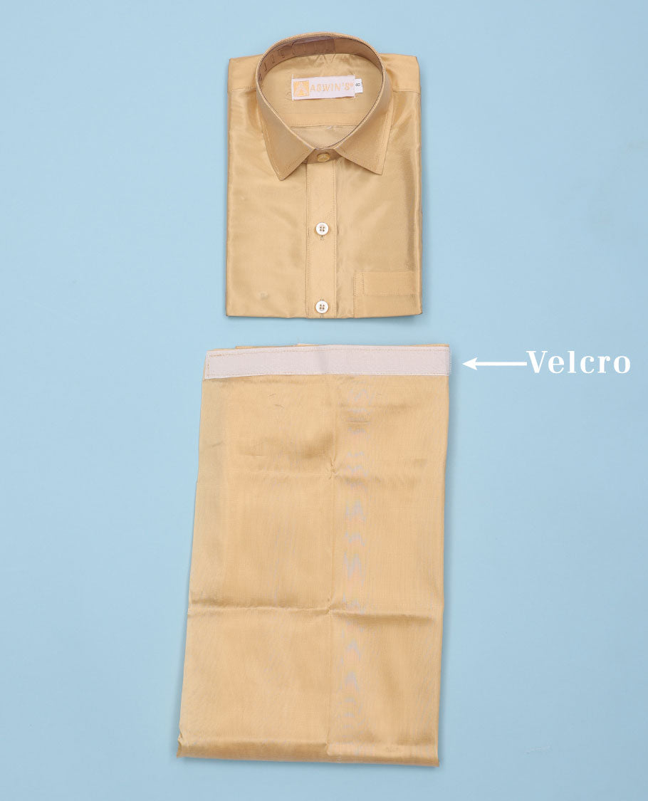 Champ art-silk boys dhoti set features a solid half-sleeve shirt & zari border velcro dhoti 