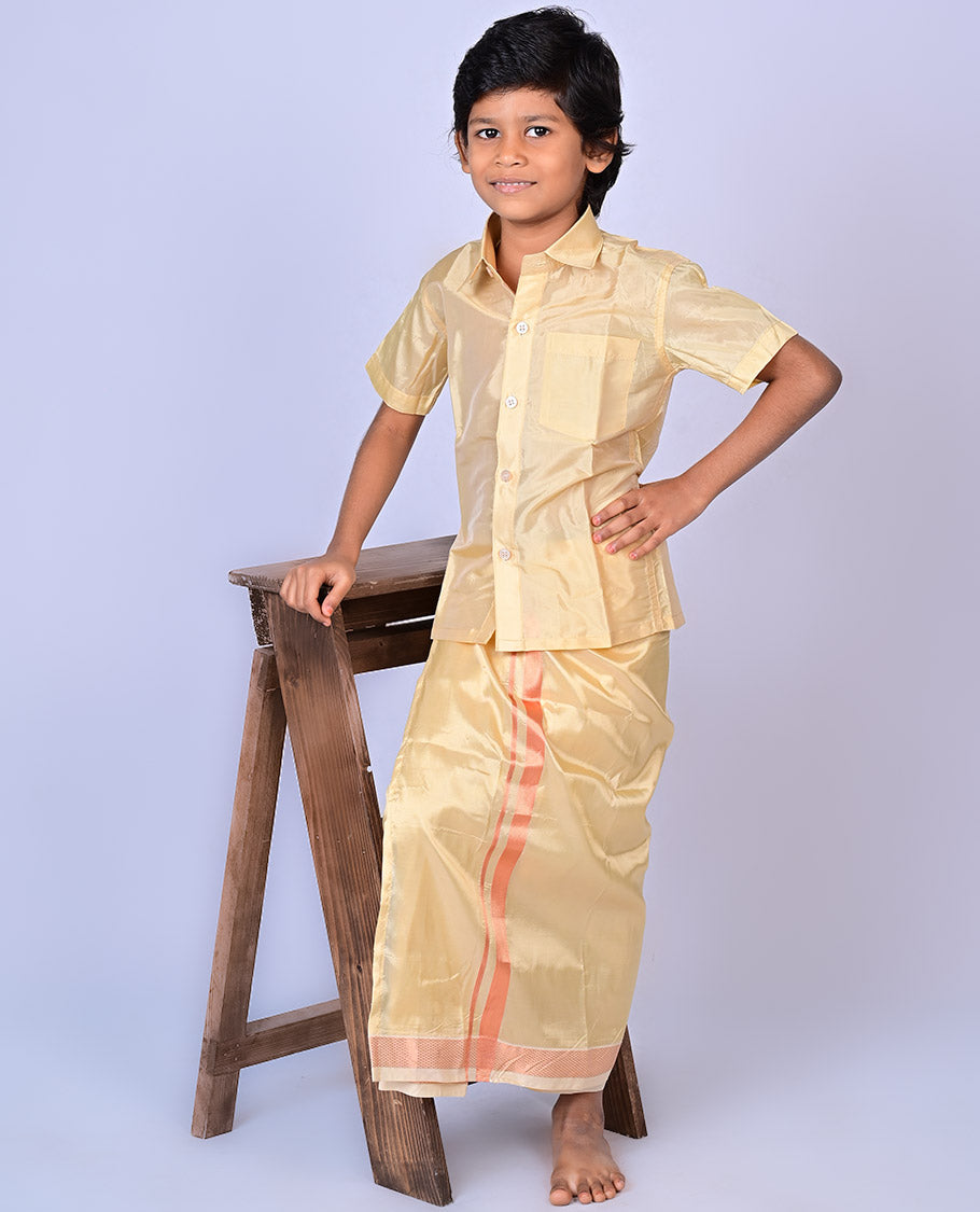 Champ art-silk boys dhoti set features a solid half-sleeve shirt & zari border velcro dhoti 