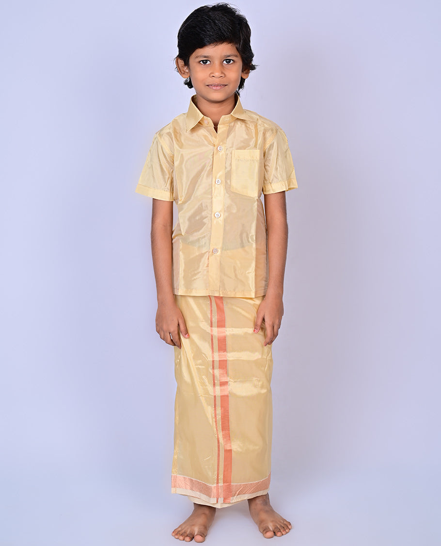 Champ art-silk boys dhoti set features a solid half-sleeve shirt & zari border velcro dhoti 