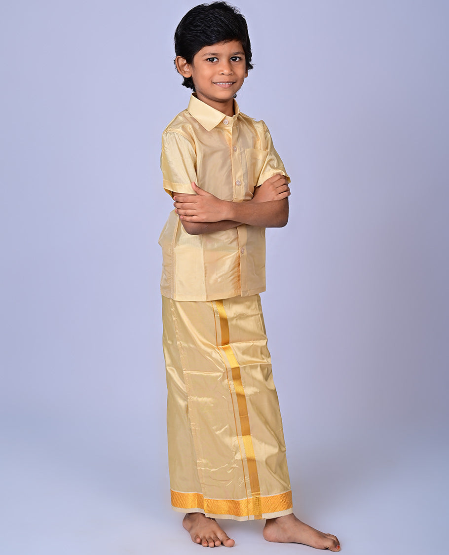 Champ art-silk boys dhoti set features a solid half-sleeve shirt & zari border velcro dhoti 