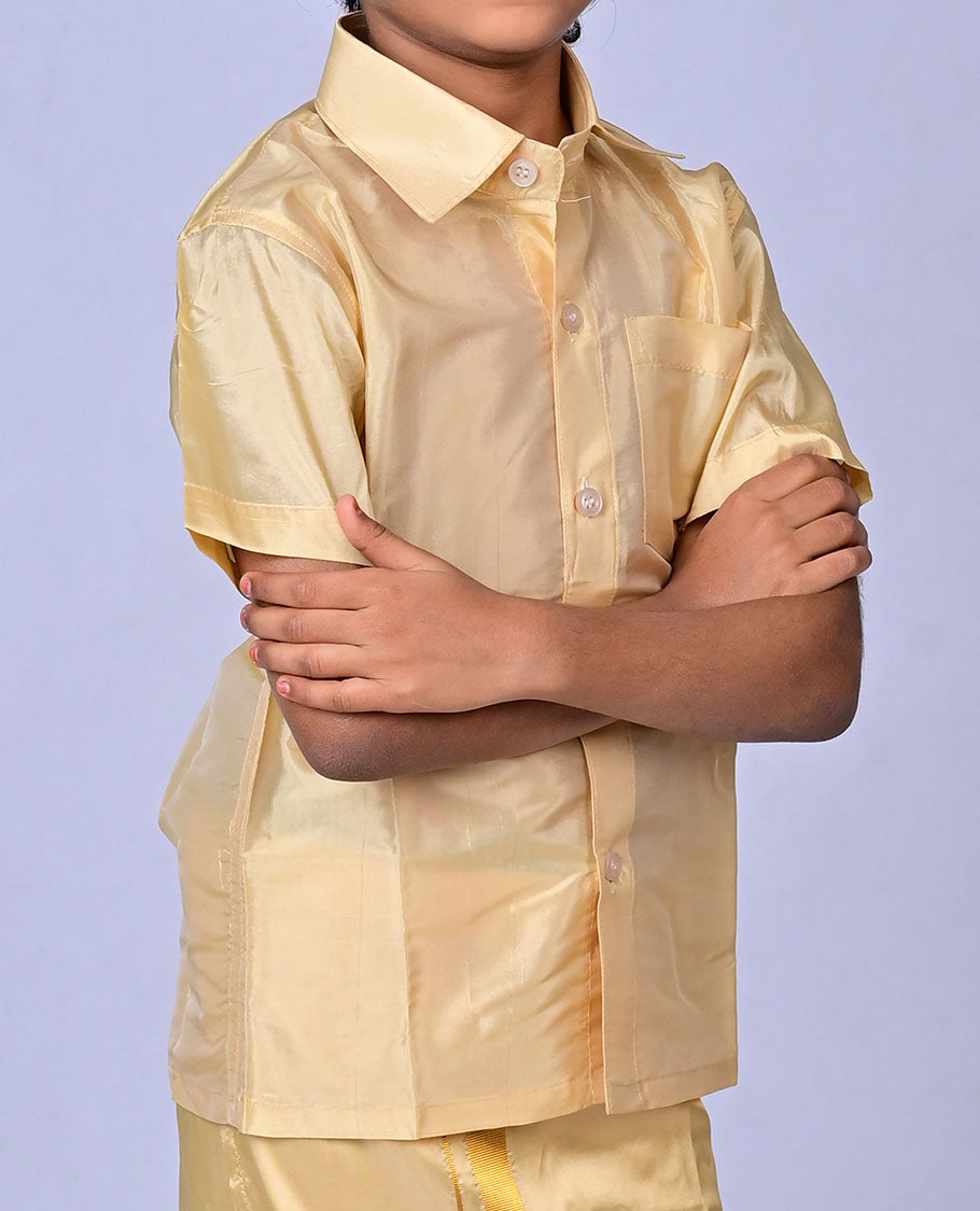 Champ art-silk boys dhoti set features a solid half-sleeve shirt & zari border velcro dhoti 