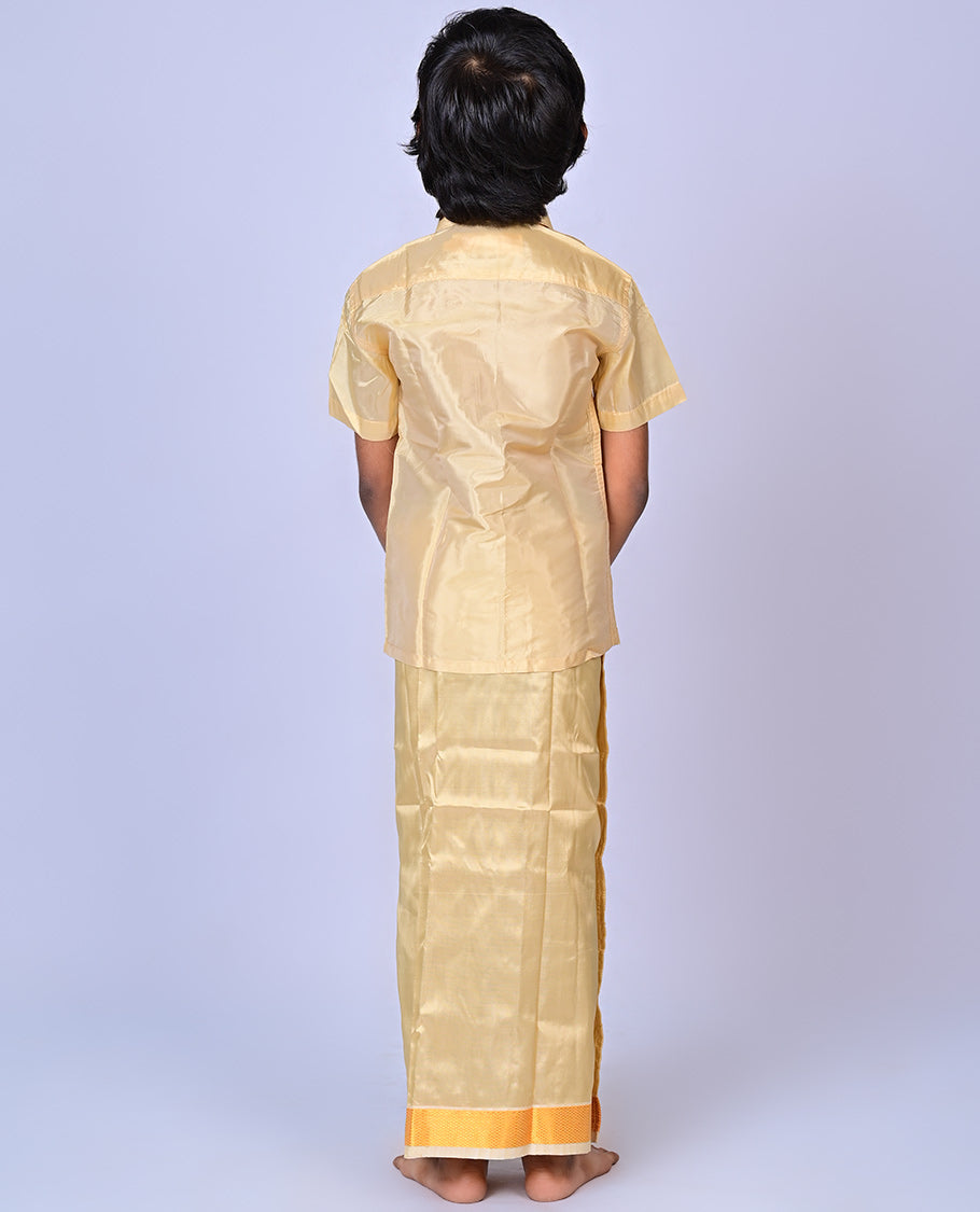Champ art-silk boys dhoti set features a solid half-sleeve shirt & zari border velcro dhoti 