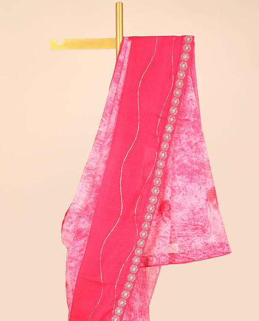 Pink uniquely printed casual wear saree with zig-zag stripes, floral embroidered border