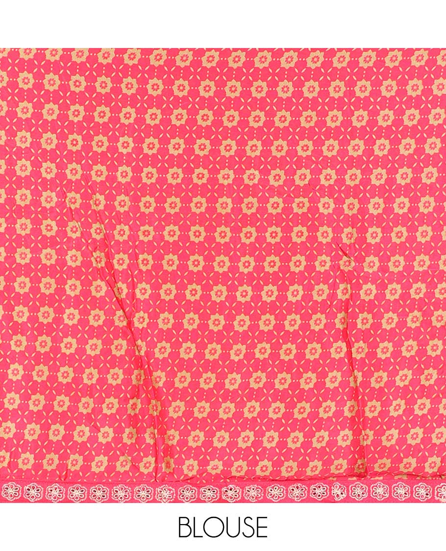 Pink uniquely printed casual wear saree with zig-zag stripes, floral embroidered border