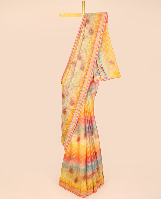 Multi-color geometric & floral patterns printed casual wear saree with stonework, chevron patch border