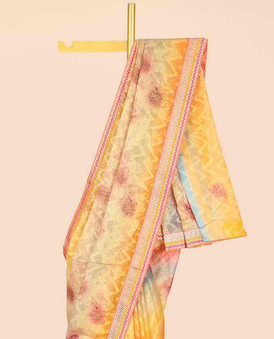 Multi-color geometric & floral patterns printed casual wear saree with stonework, chevron patch border