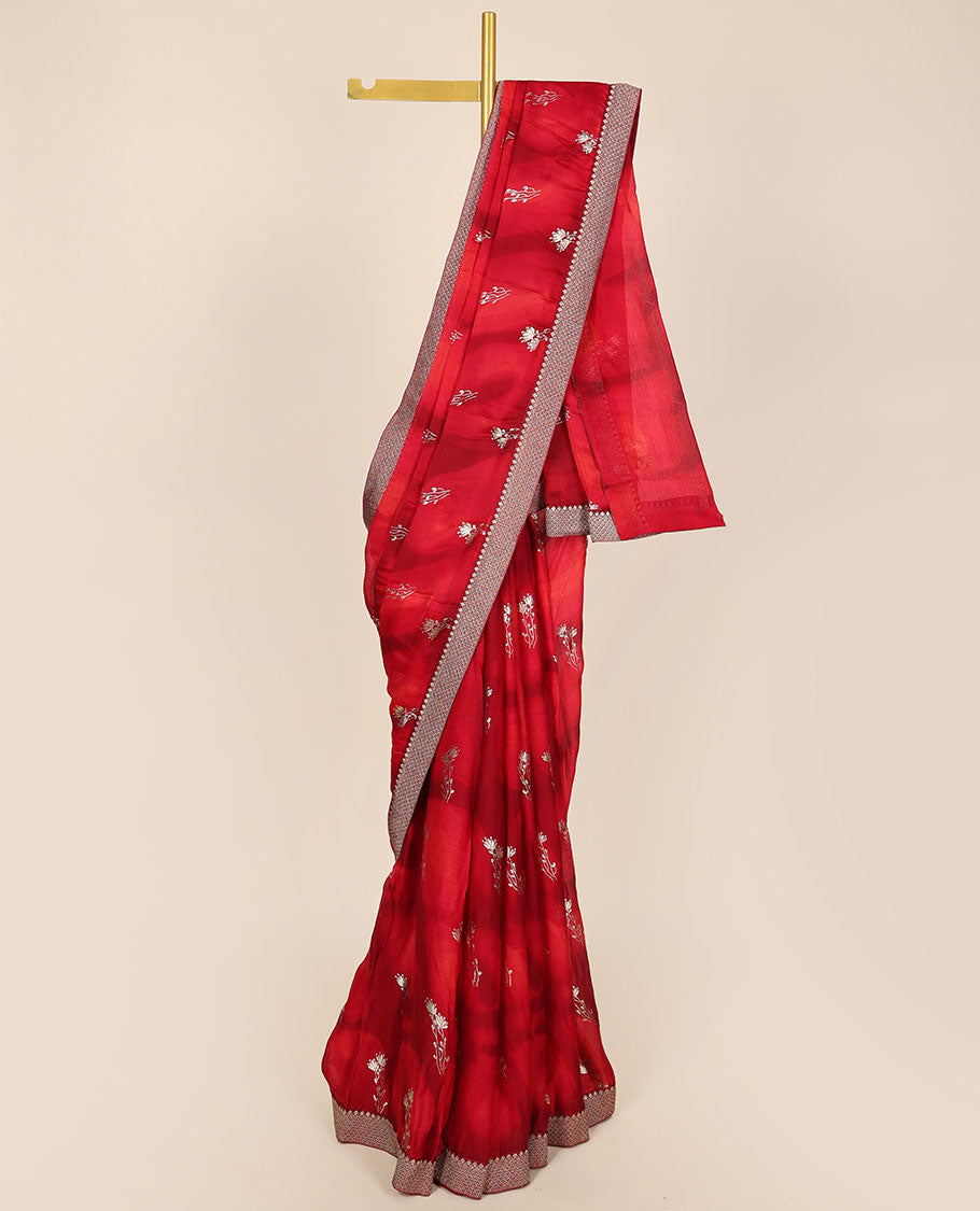 Red abstract printed casual wear saree with flower buttas, traditional motifs border