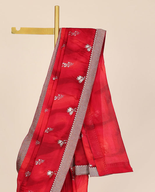 Red abstract printed casual wear saree with flower buttas, traditional motifs border