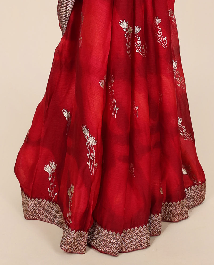 Red abstract printed casual wear saree with flower buttas, traditional motifs border