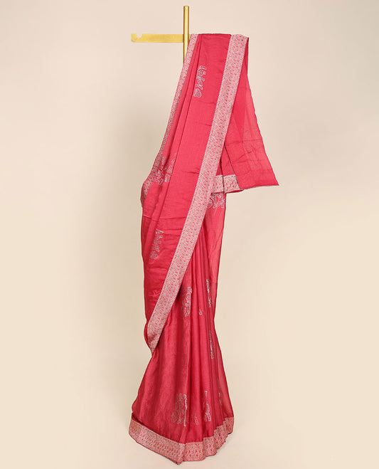 Pink casual wear saree with unique motifs, self-border of unique designs
