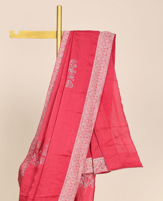 Pink casual wear saree with unique motifs, self-border of unique designs