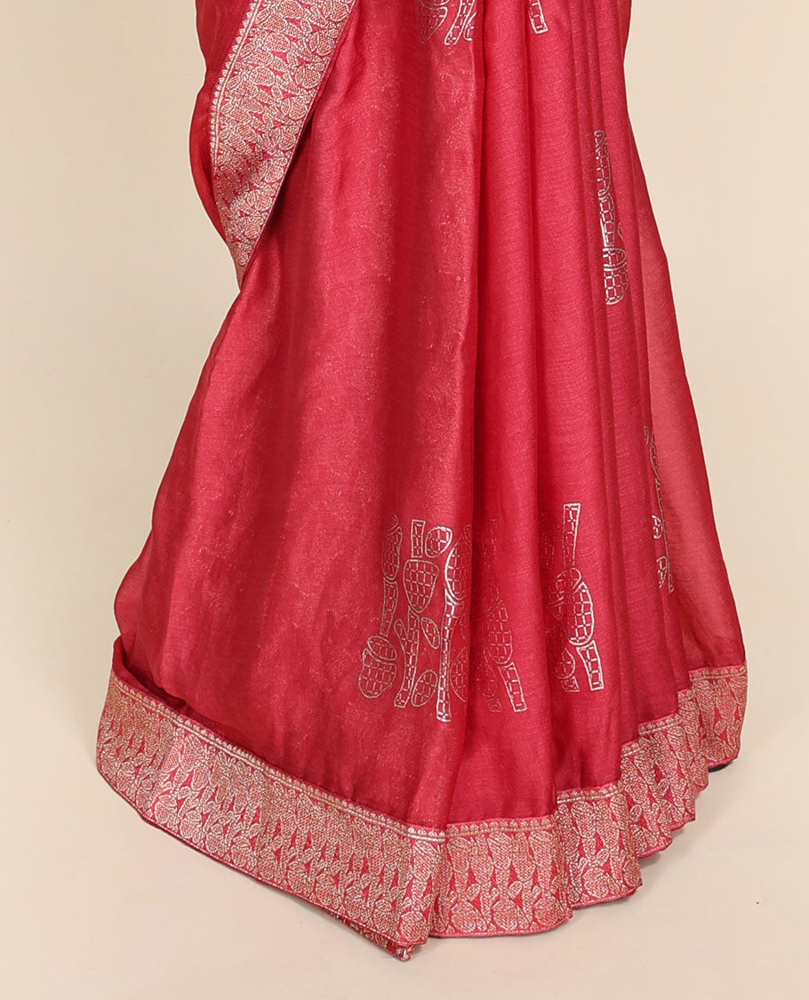 Pink casual wear saree with unique motifs, self-border of unique designs