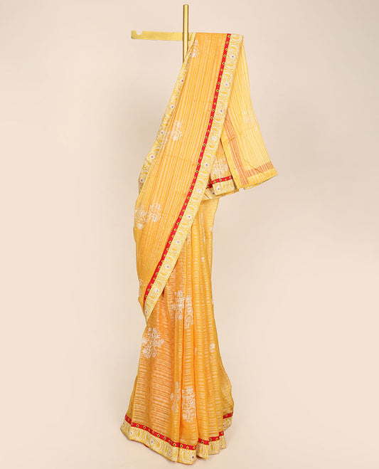Yellow striped printed casual wear saree with floral motifs, intricate motifs border