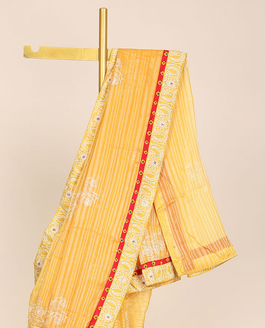 Yellow striped printed casual wear saree with floral motifs, intricate motifs border