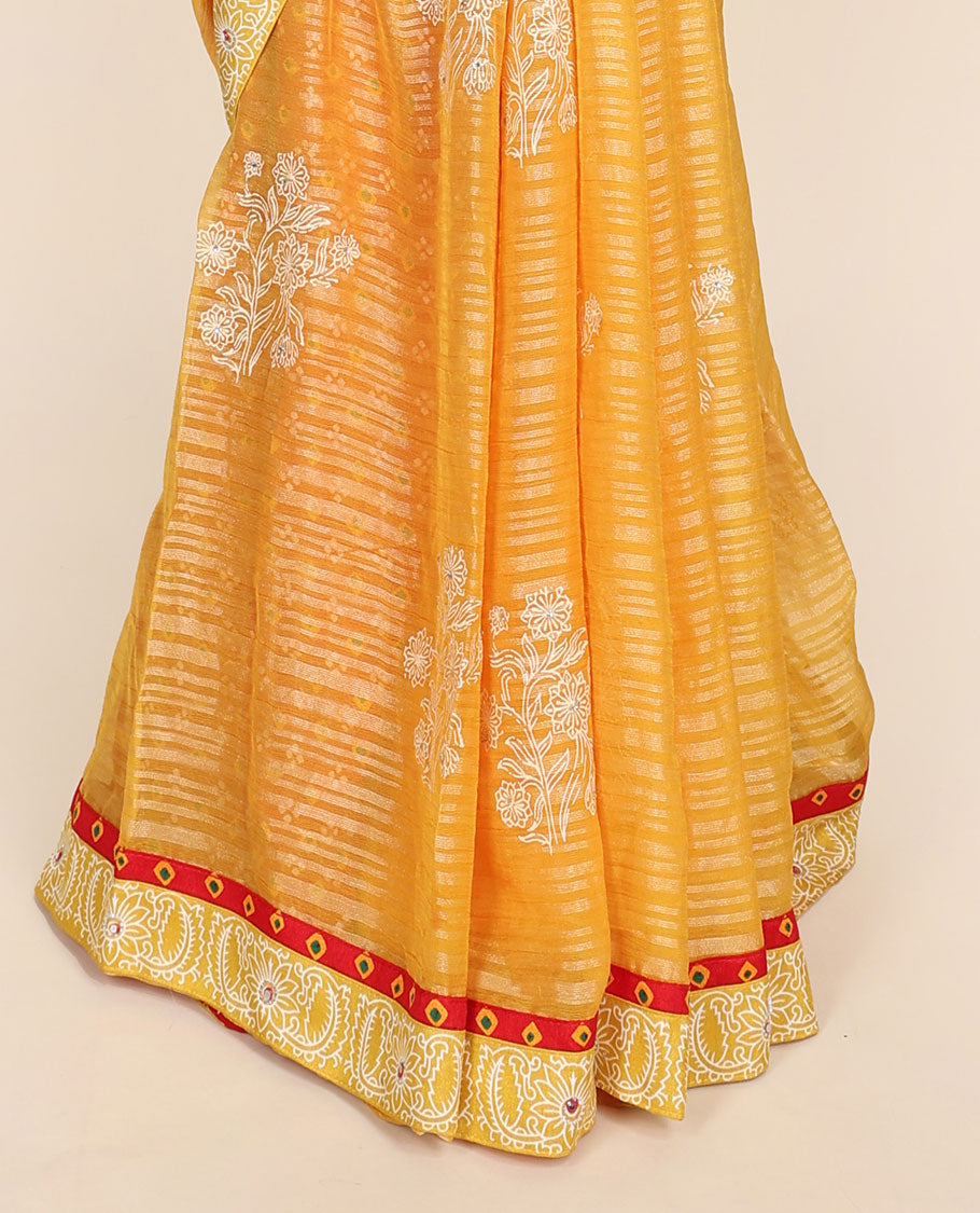 Yellow striped printed casual wear saree with floral motifs, intricate motifs border