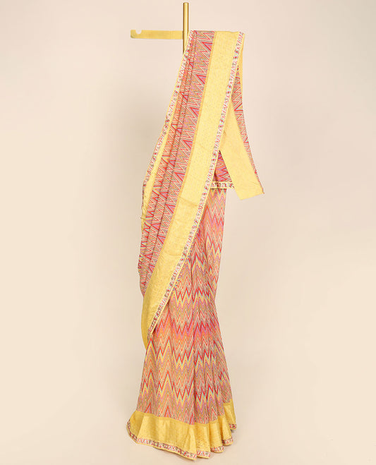Multi-color chevron designs printed casual wear saree, contrast border of geometric patterns 