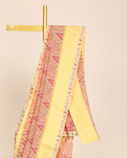 Multi-color chevron designs printed casual wear saree, contrast border of geometric patterns 