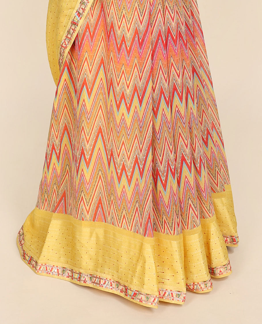 Multi-color chevron designs printed casual wear saree, contrast border of geometric patterns 