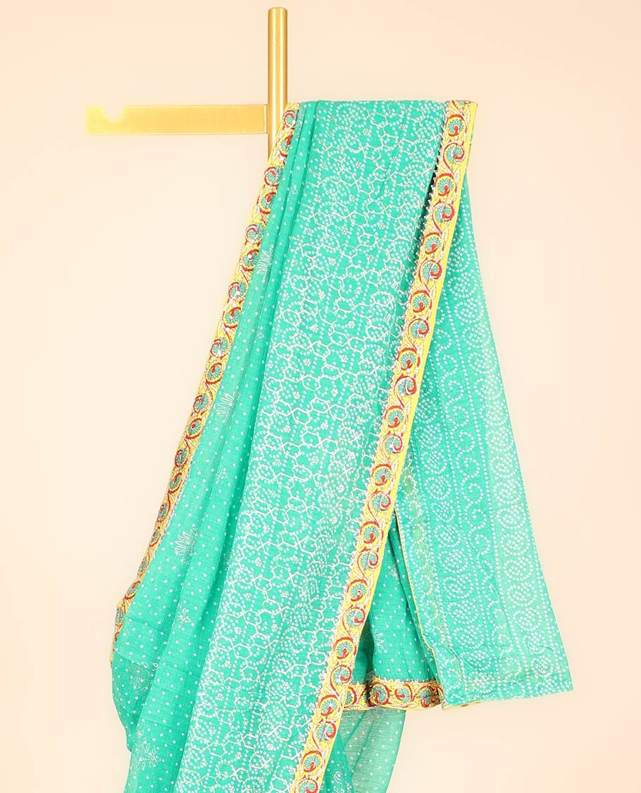 Turquoise blue bandhani-style intricately printed casual wear saree, embroidered border 