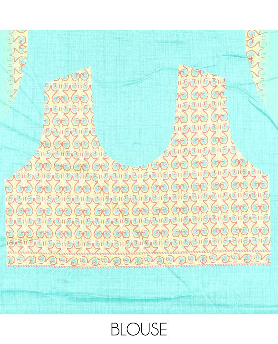 Turquoise blue bandhani-style intricately printed casual wear saree, embroidered border 