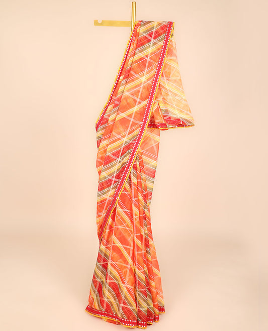 Muti-color geometric printed casual wear saree, embroidered patchwork border 