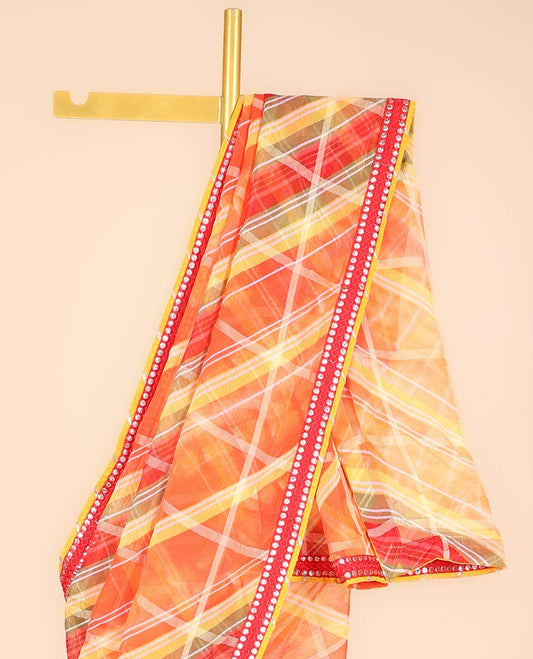 Muti-color geometric printed casual wear saree, embroidered patchwork border 