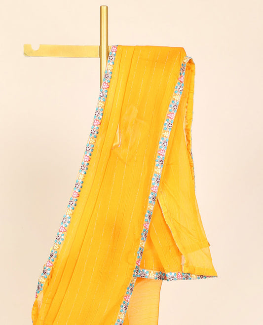 Yellow casual wear saree with stripes & buttas, floral creeper embroidered patchwork border