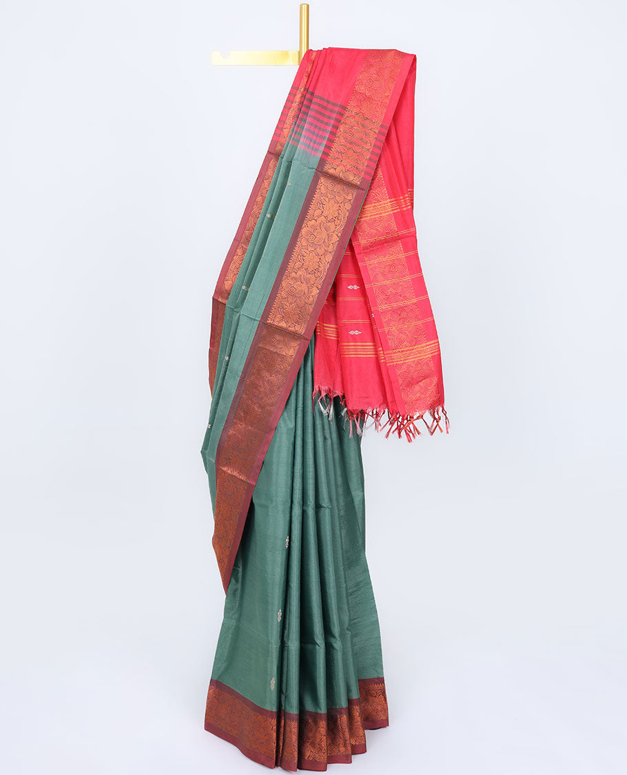 Green banana pith saree with unique buttas, contrast floral design border & pallu of stripes 