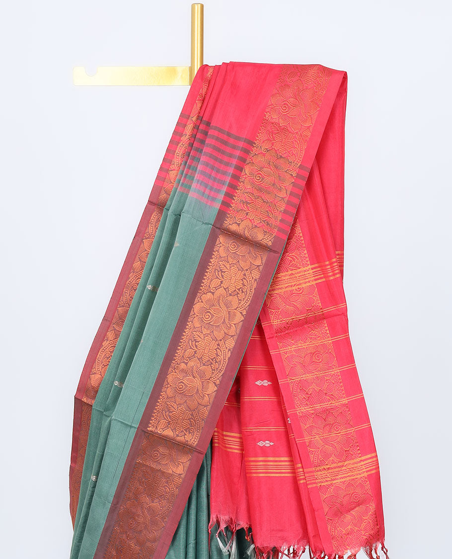 Green banana pith saree with unique buttas, contrast floral design border & pallu of stripes 