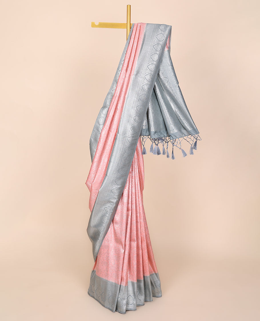 Pink intricate design fancy softy saree, contrast border of traditional designs & pallu of jaal designs