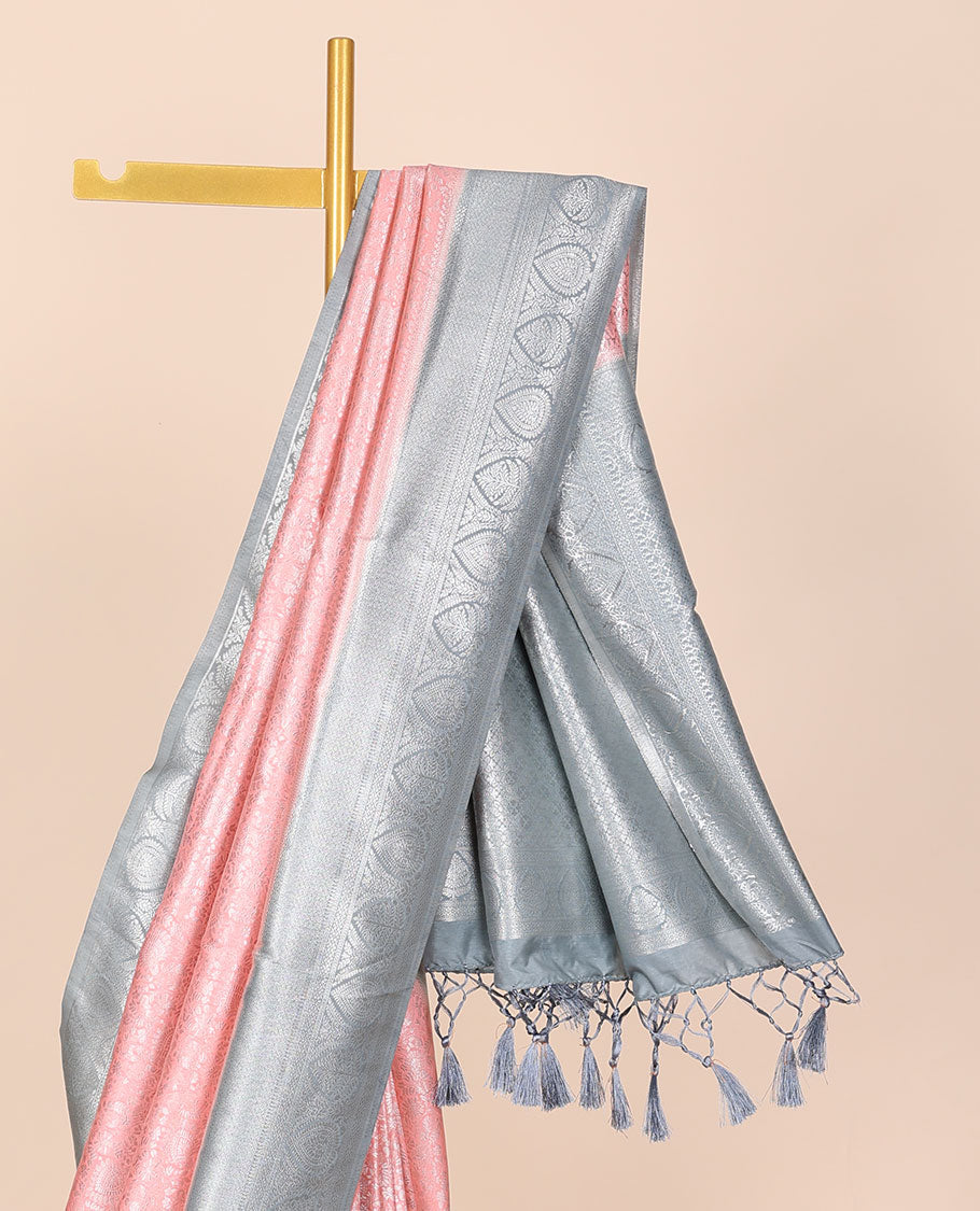 Pink intricate design fancy softy saree, contrast border of traditional designs & pallu of jaal designs