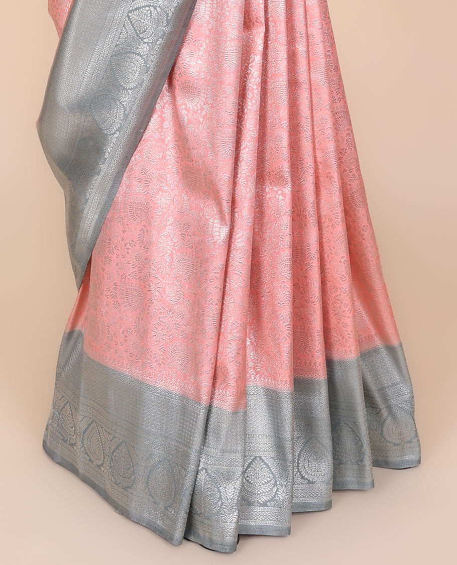 Pink intricate design fancy softy saree, contrast border of traditional designs & pallu of jaal designs