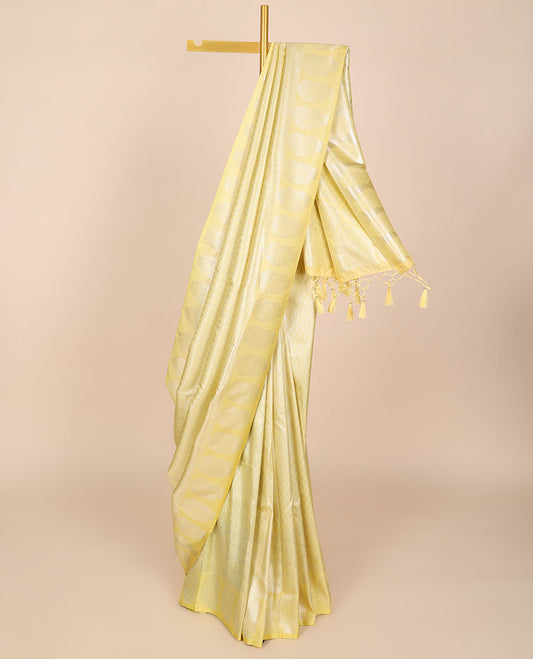 Yellow jacquard fancy softy saree, self-border of paisleys & pallu of intricate designs