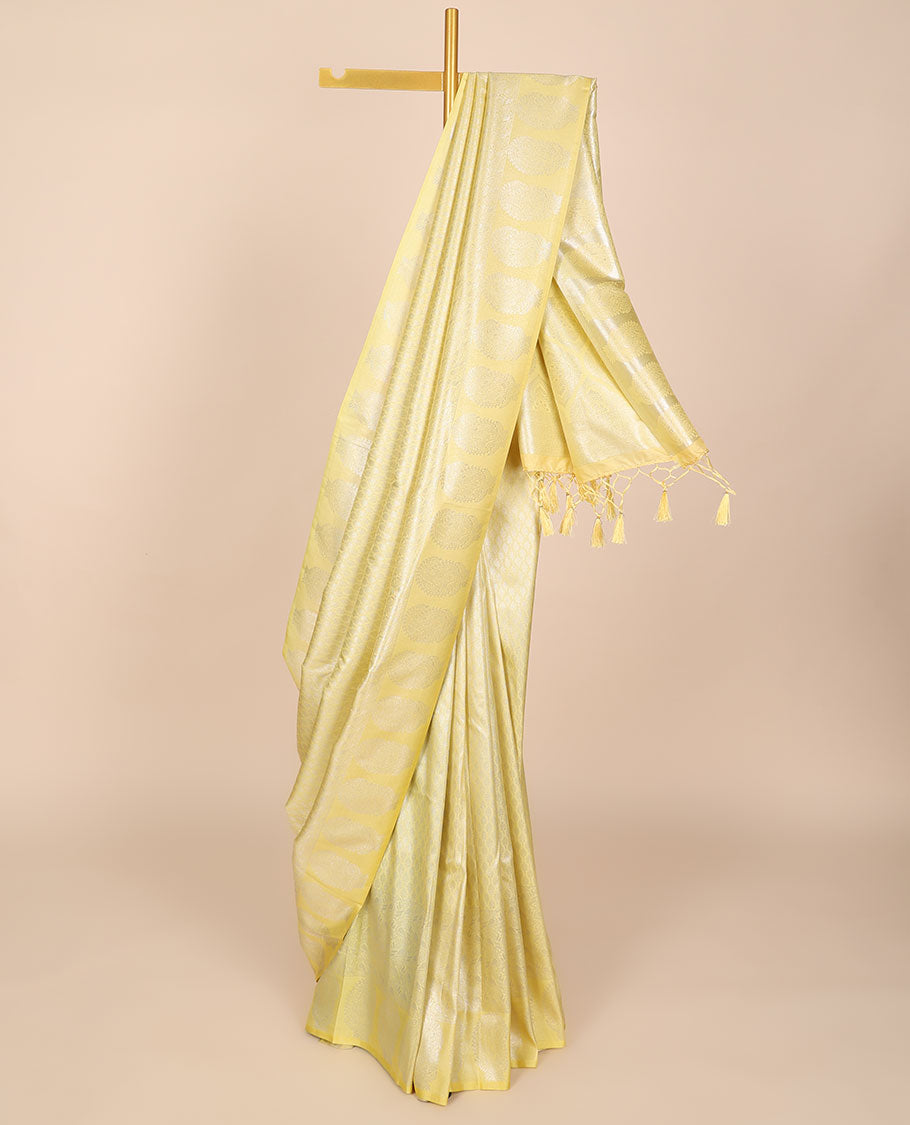 Yellow jacquard fancy softy saree, self-border of paisleys & pallu of intricate designs