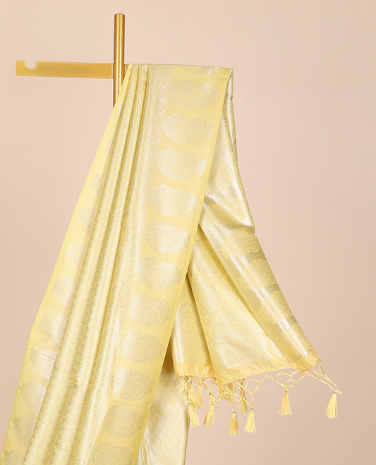 Yellow jacquard fancy softy saree, self-border of paisleys & pallu of intricate designs