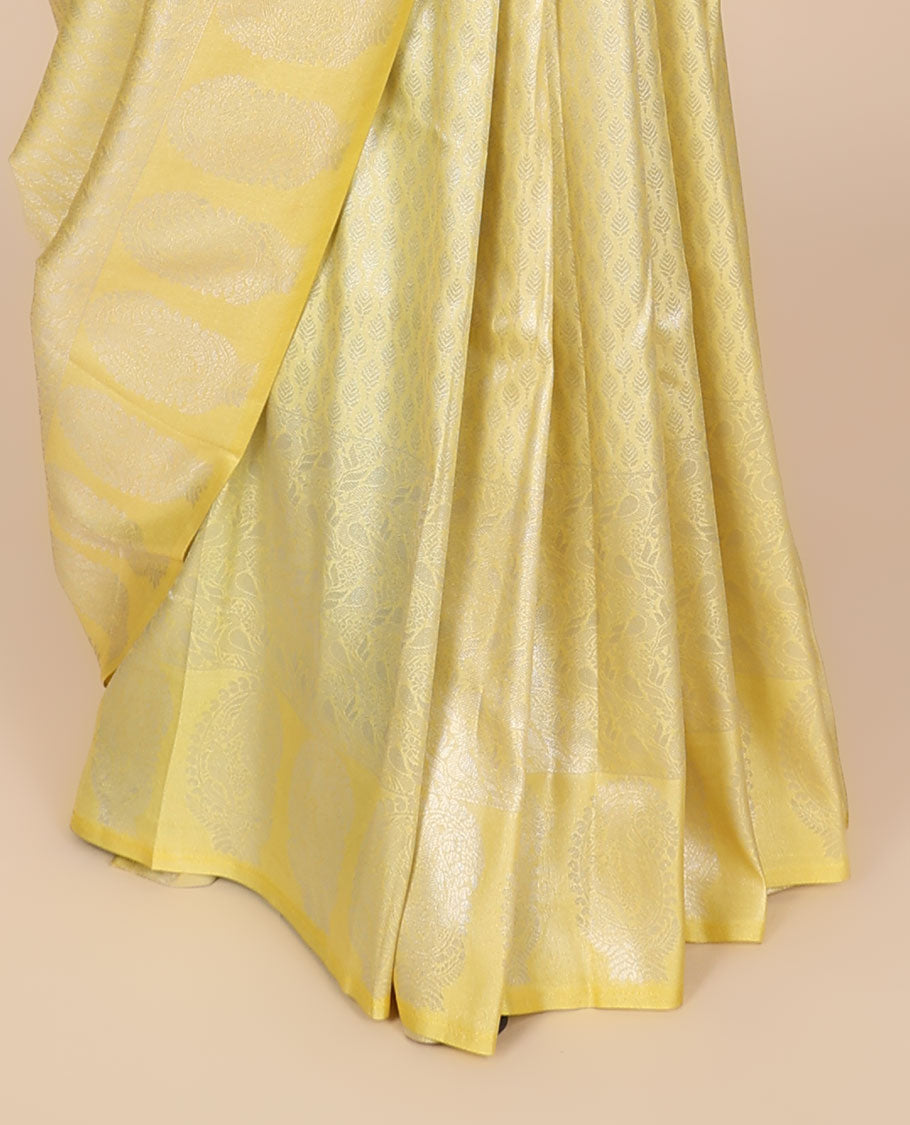 Yellow jacquard fancy softy saree, self-border of paisleys & pallu of intricate designs