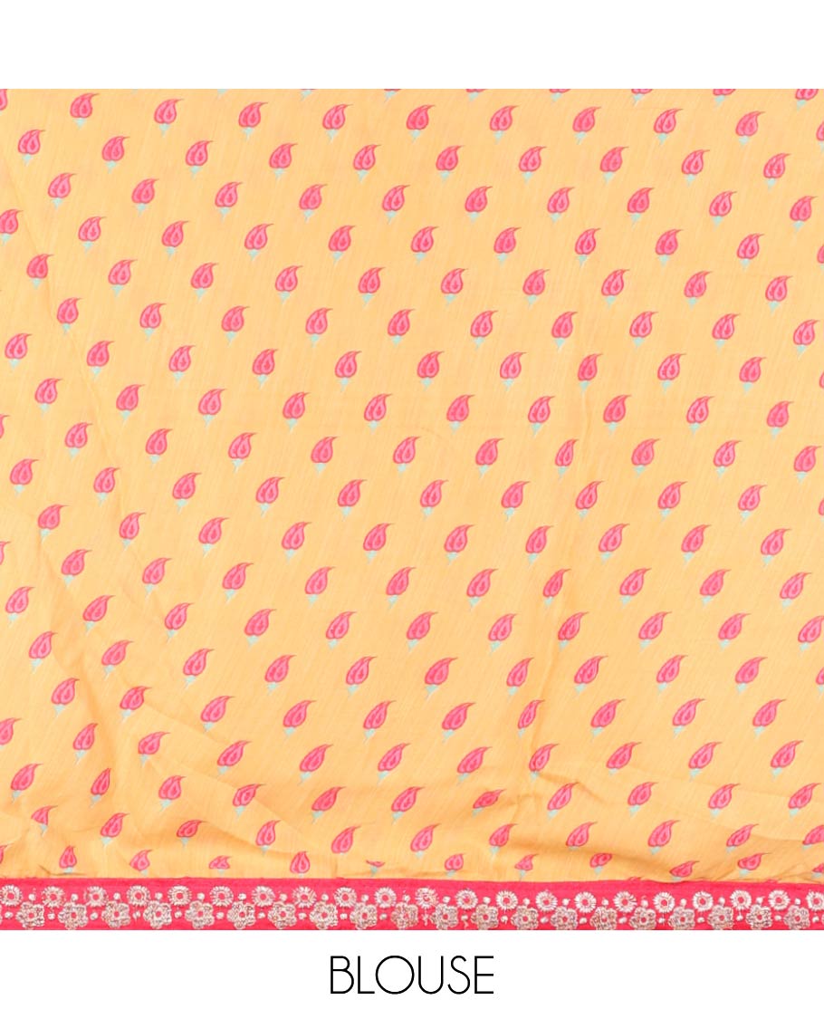 Pink printed casual wear saree adorned with unique motifs, flower embroidered border 