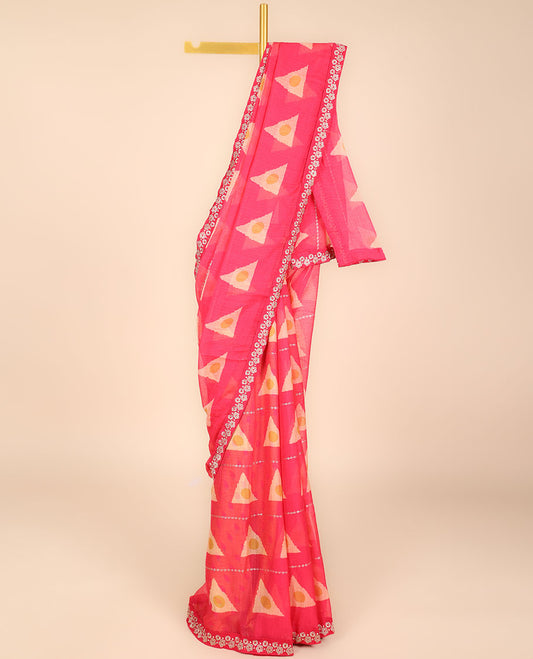 Pink printed casual wear saree adorned with unique motifs, flower embroidered border 