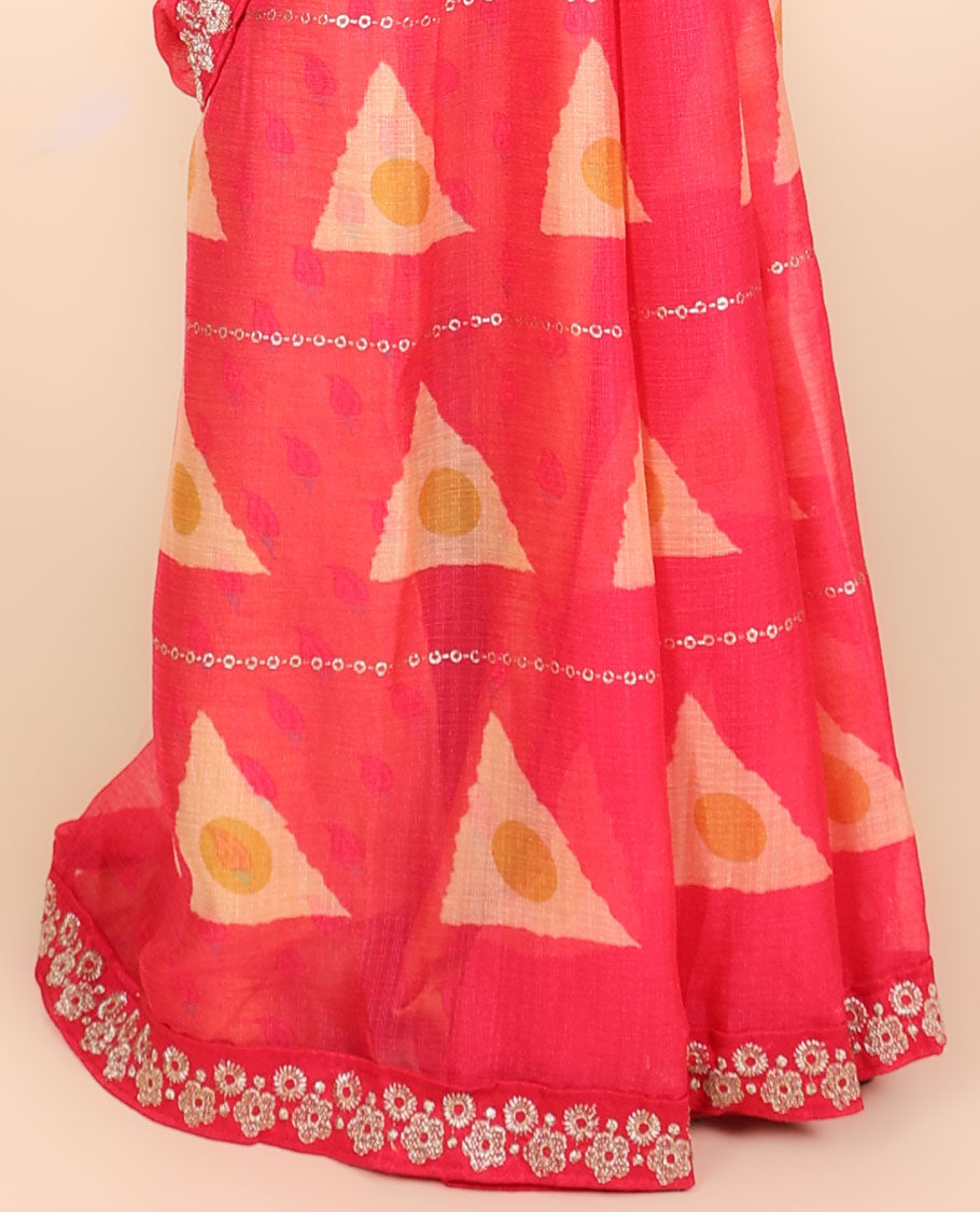 Pink printed casual wear saree adorned with unique motifs, flower embroidered border 