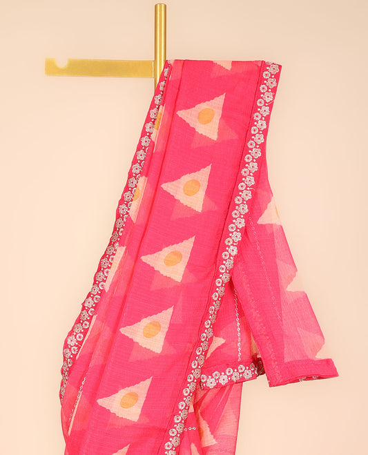 Pink printed casual wear saree adorned with unique motifs, flower embroidered border 