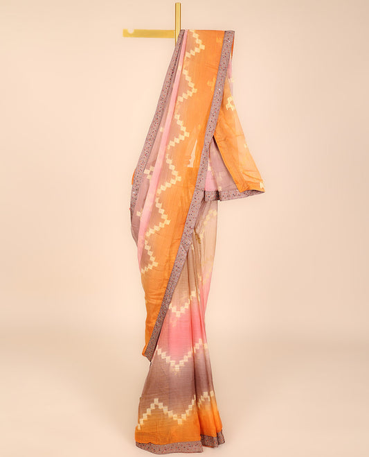 Multi-color chevron design printed casual wear saree, patch embroidered border 