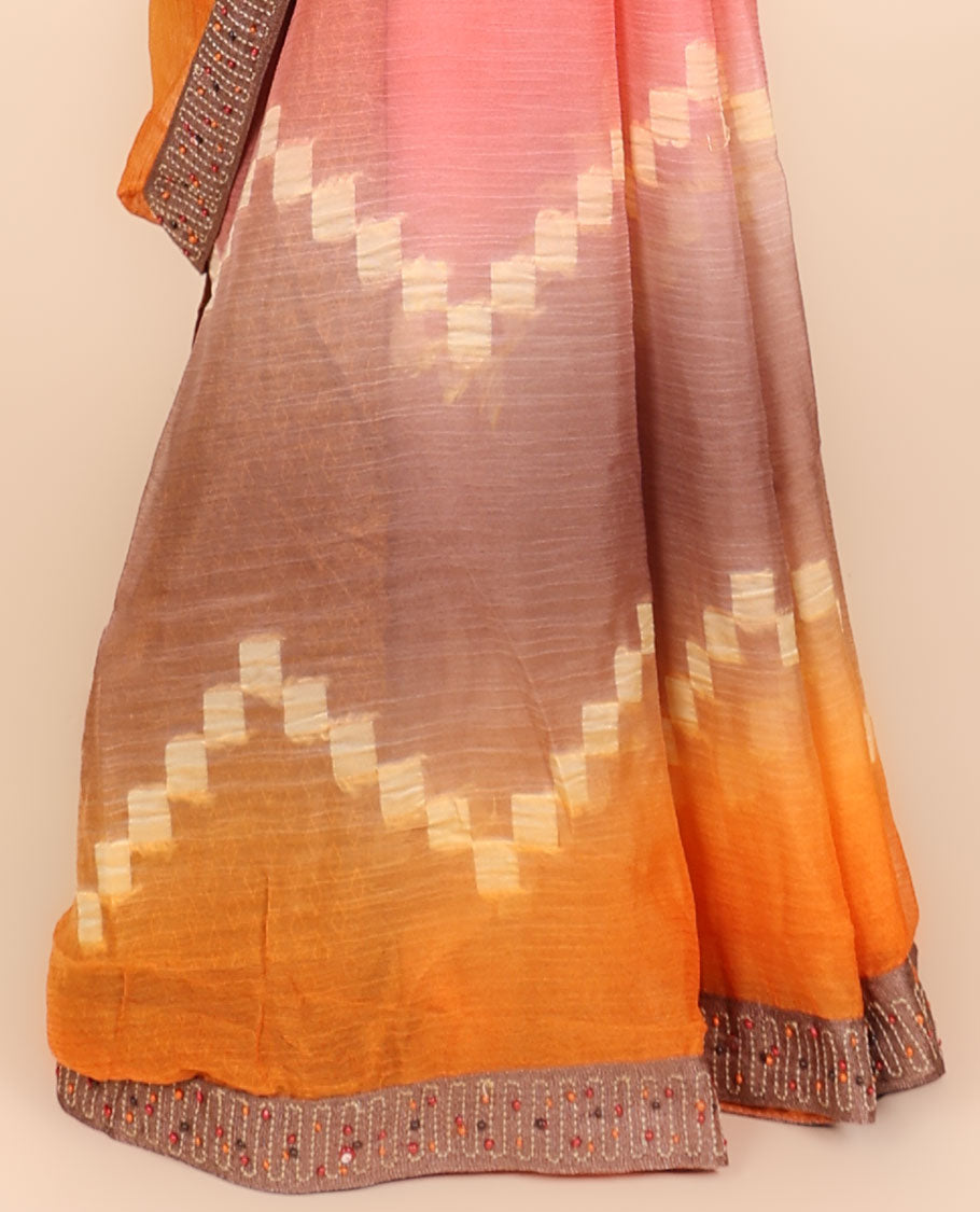 Multi-color chevron design printed casual wear saree, patch embroidered border 