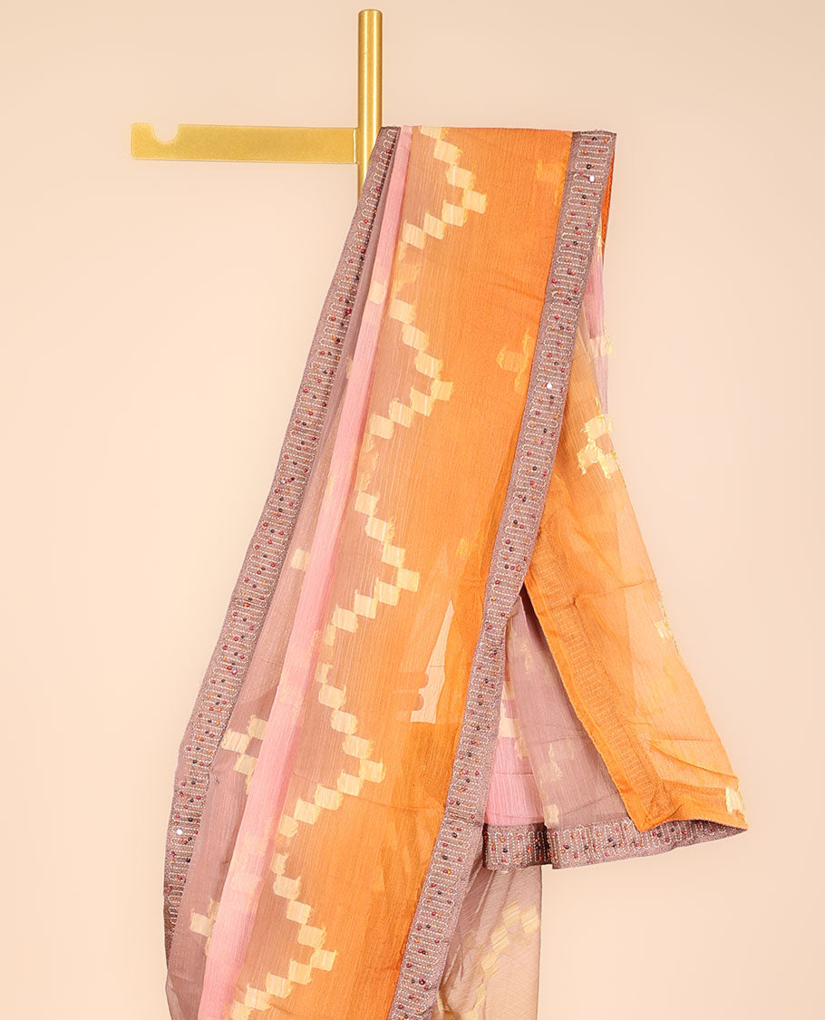 Multi-color chevron design printed casual wear saree, patch embroidered border 