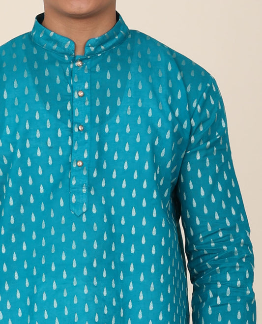 Blue unique buttas mandarin collared & full-sleeve short cotton kurta