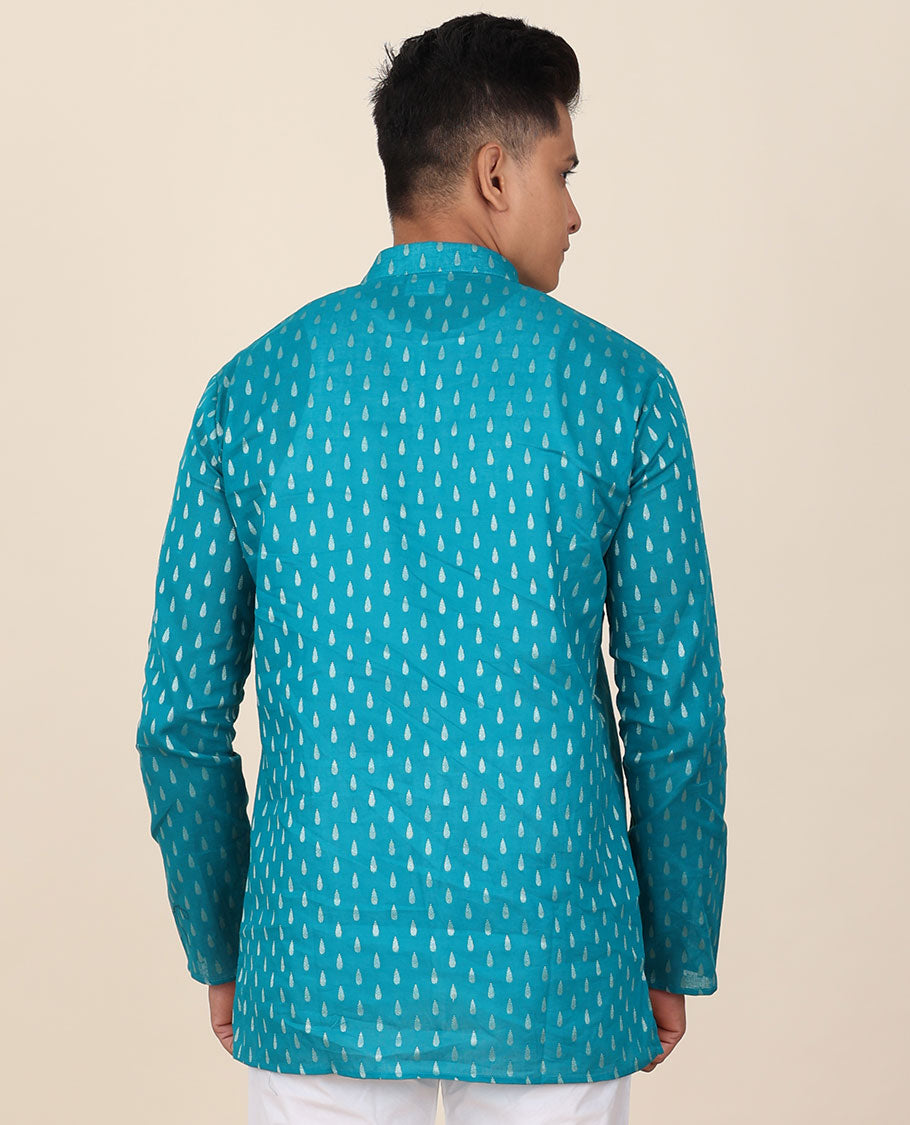 Blue unique buttas mandarin collared & full-sleeve short cotton kurta