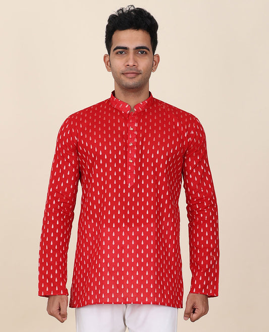 Red unique buttas mandarin collared & full-sleeve short cotton kurta