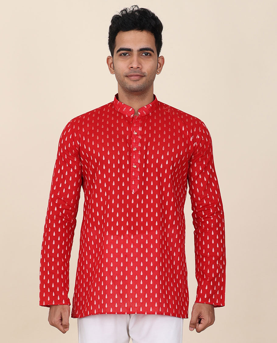 Red unique buttas mandarin collared & full-sleeve short cotton kurta