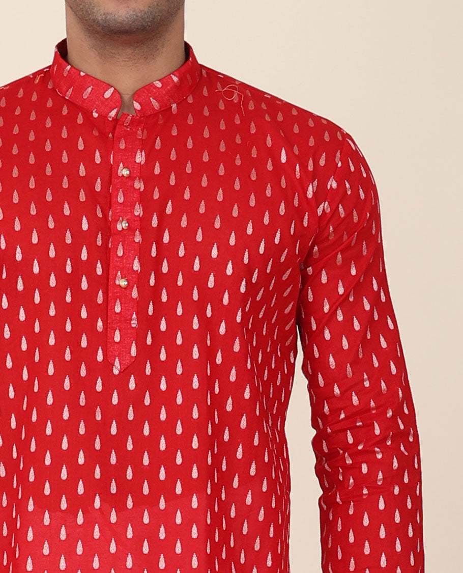 Red unique buttas mandarin collared & full-sleeve short cotton kurta